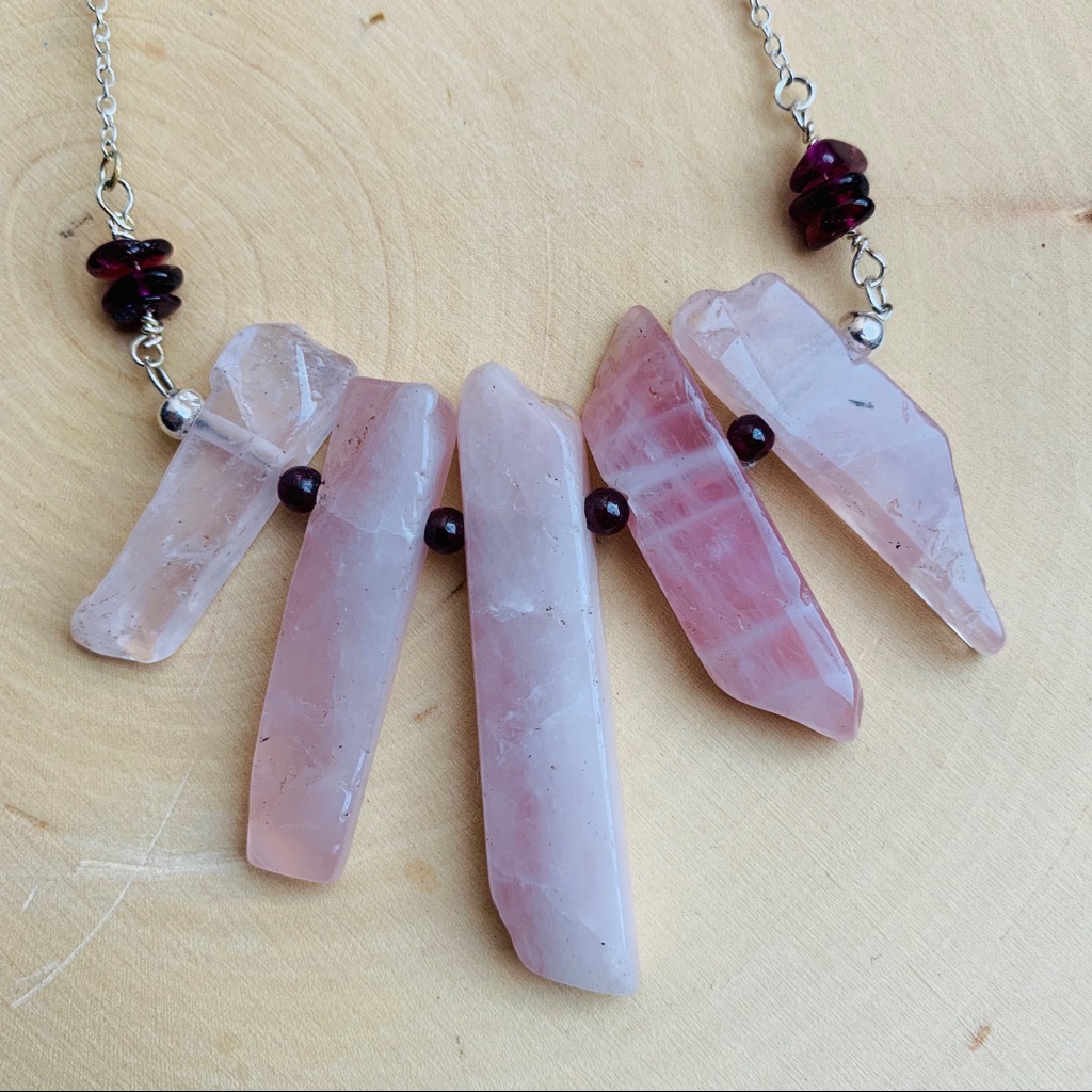 Rose Quartz Garnet Gemstone Sterling Necklace 38$